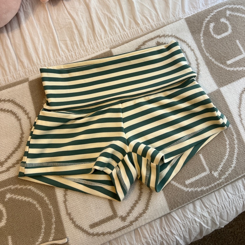 Princess Polly Green and Cream Striped High-Waist Yoga Shorts